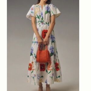 Floral Maxi Dress in White with Red and Blue Accents